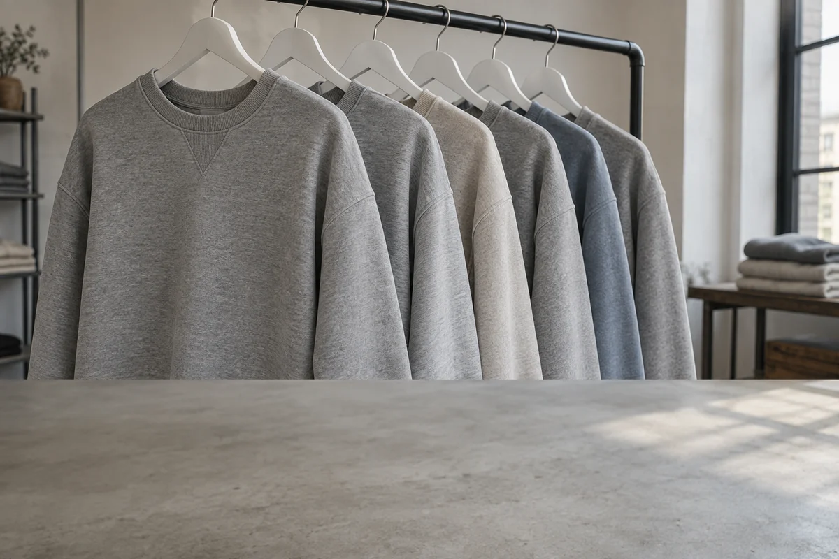 Иллюстрация: серые свитшоты на вешалках.